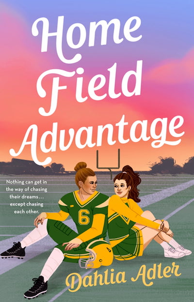 Illustration of a brunette cheerleader and a blonde female football player sitting on the football field, back to back, smiling at each other.