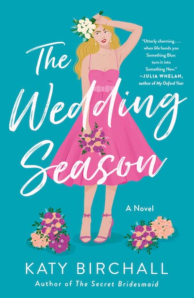 An illustration of a tired-looking blonde white woman in a pink bridesmaid dress holding two bouquets of flowers with five more at her feet.