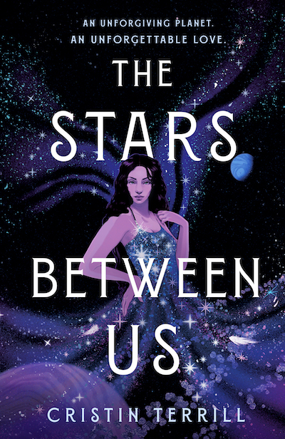 Illustration of a Black woman in a sparkling blue dress that fades into a starry night sky. She's standing between two planets.