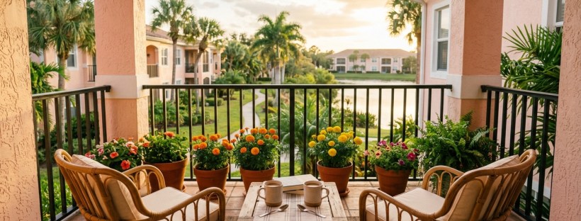 Photorealistic photograph of a sunny Florida retirement-community condo balcony in soft pastels, potted marigolds, two empty chairs and a small table with two cups of chai, warm golden hour light.