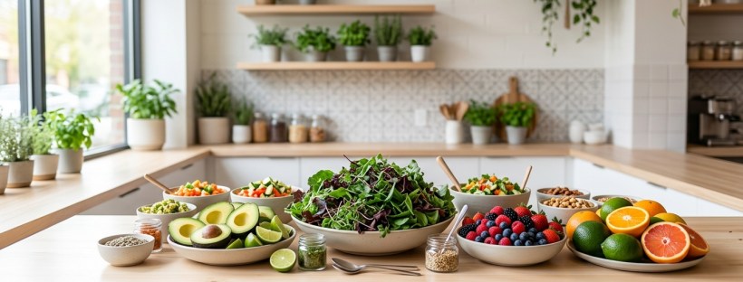 Photorealistic photograph of a bright, airy salad shop counter with fresh bowls of leafy greens, avocado, berries and citrus on a pale wood counter, fresh green and orange tones, morning light.
