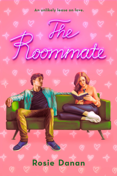 An illustration of a woman and a man sitting on a green couch. The woman is reading a book and the man is looking at her. The background is pink with neon hearts.