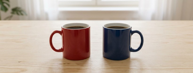 Two coffee cups, one red and one navy, side by side on a pale wooden table, soft morning light, minimal.
