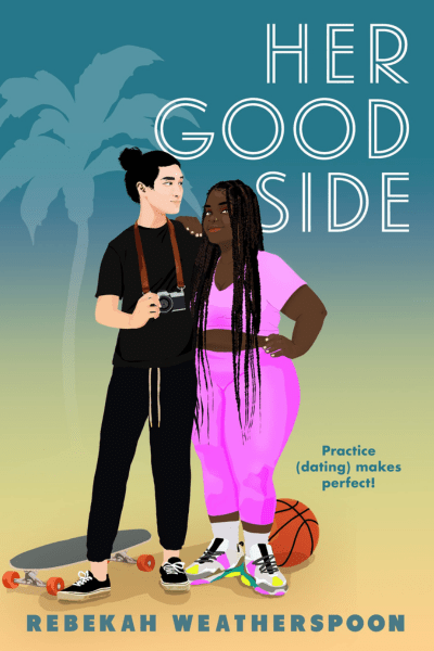 An illustration of a young Black woman standing beside a tall young Asian man with a man bun. She has a basketball at her feet and he's holding a camera with a skateboard at his feet.
