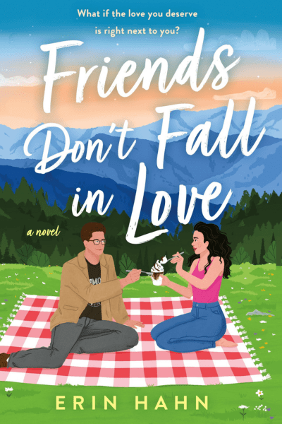 An illustration of a woman and a man sitting on a picnic blanket in a field with mountains in the background