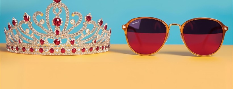 A tiara and sunglasses sit side-by-side on a blue and yellow backgrounf