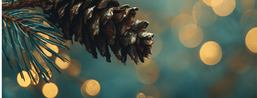 A tight shot of a pinecone on a Christmas tree with Christmas lights out of focus in the background.