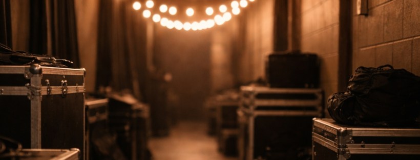 Softly lit backstage hallway with warm string lights and music equipment cases, shallow focus, cinematic but intimate, neutral tones, no people, no text