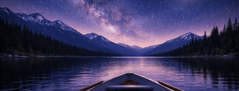 A rowboat at night sits on a mountainous lake under the stars