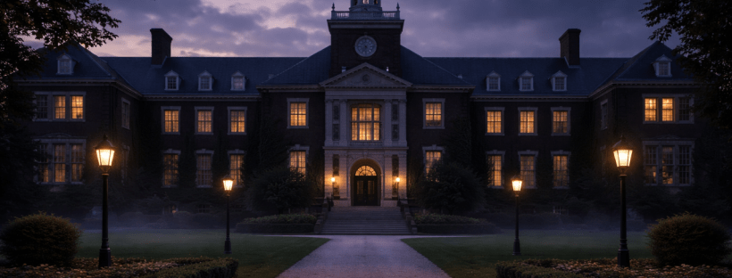 Moody dusk view of an ivy-covered elite prep school with glowing windows, a central clock tower, and lamplit pathway, surrounded by light fog and empty grounds.