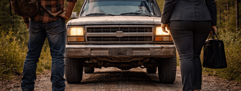 A rugged man and a business woman stand on either side of a beat-up truck on a dirt road