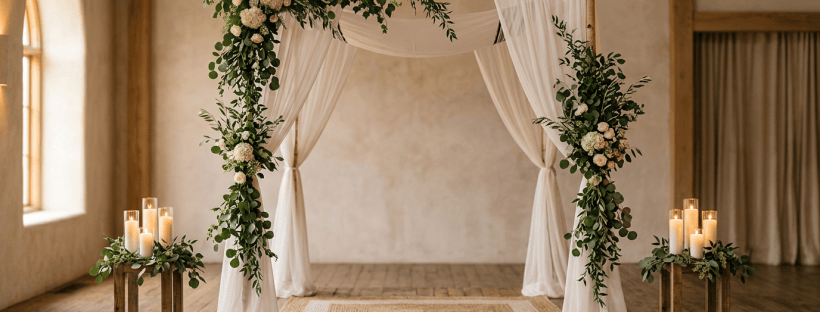 A chuppah draped in white fabric and greenery with candles on either side in a warm, softly lit room